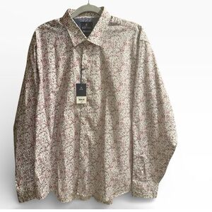 Stafford Men’s XL Long Sleeve Button Down Dress Beige Burgundy Floral Design